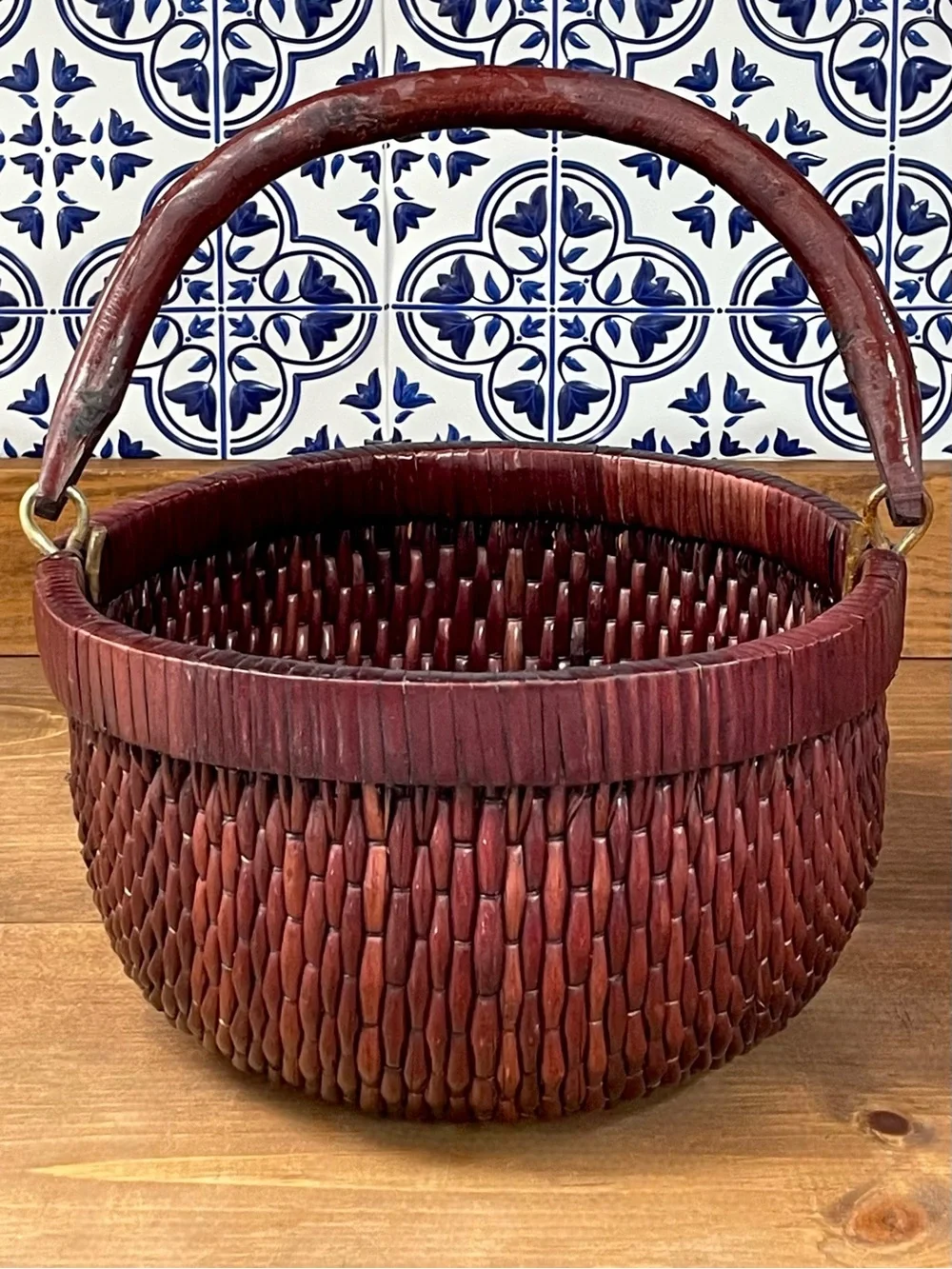 Vintage Chinese Lacquered Woven Harvest Basket Wooden Handle Asian Rustic Decor